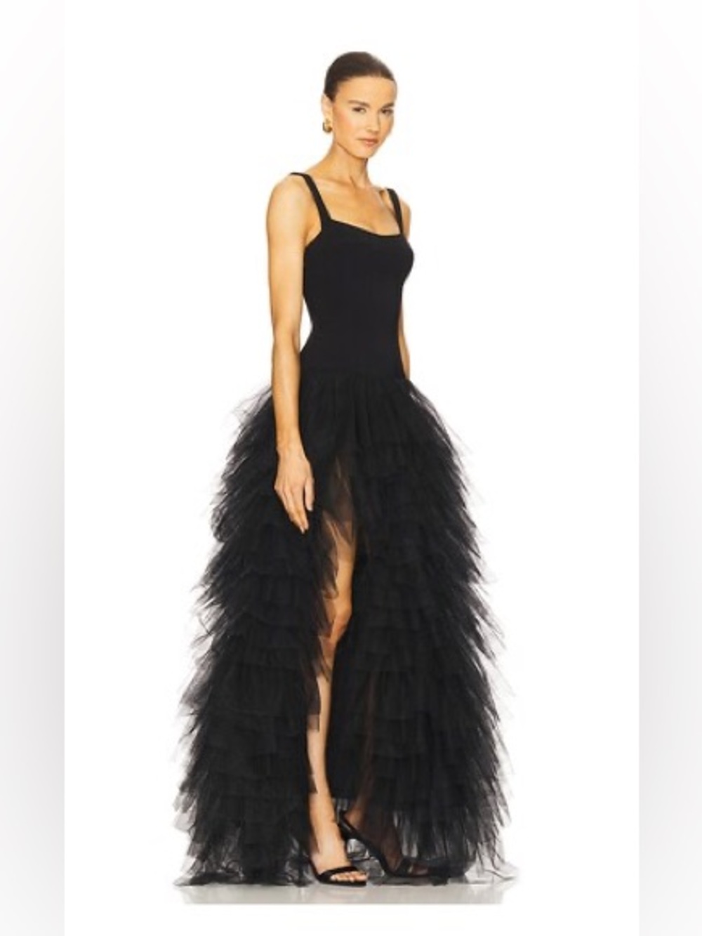 NWT Lovers Friends Black Tiered Tulle High-Slit Evening Dress Bowie Gown Revolve